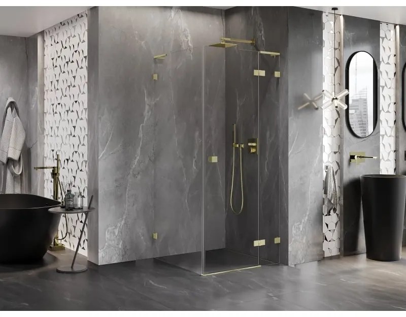 Mexen Lunar, L výklopný sprchový kút pravý 70 x 70 cm, 8mm číre sklo, zlatý kartáčovaný - 834L-070-070-55-00-P