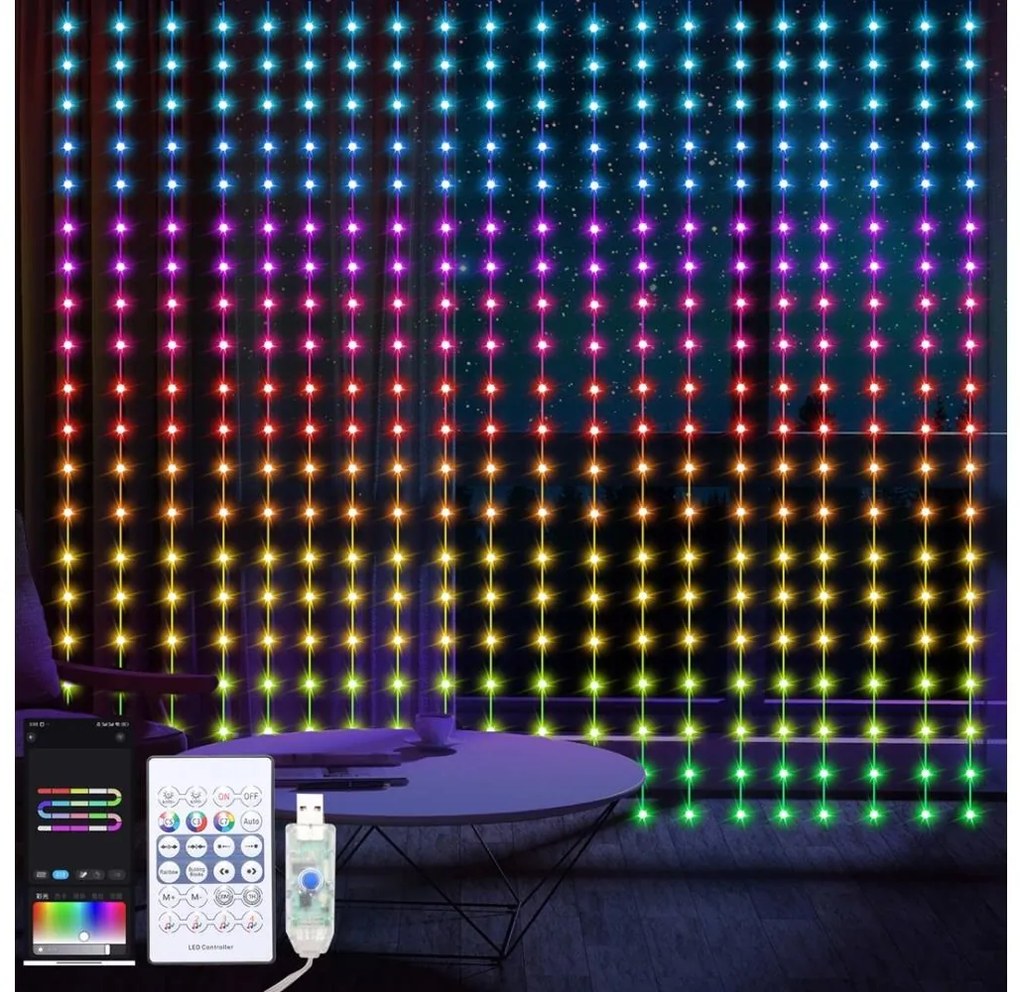 LED RGB Stmievateľný vianočný záves WIZARD 400xLED/USB 2x2m + diaľkové ovládanie