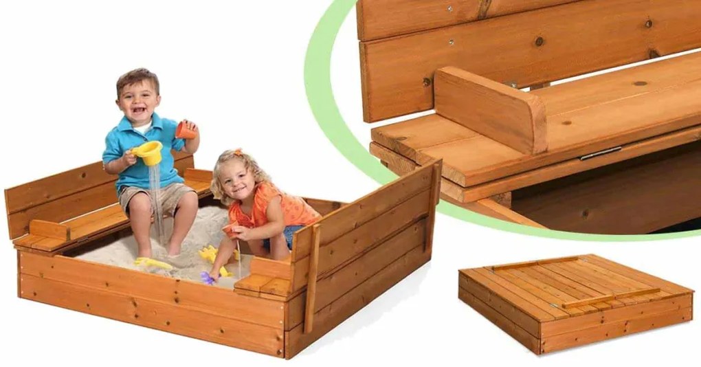 Drevené pieskovisko s lavičkami a krytom