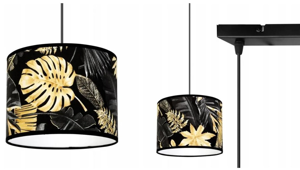 Závesné svietidlo Gold Flowers, 2x čierne textilné tienidlo s kvetinovým vzorom