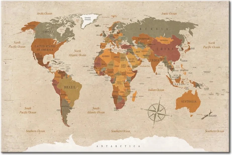 Nástenka s mapou sveta Bimago Beige Chic 120 × 80 cm