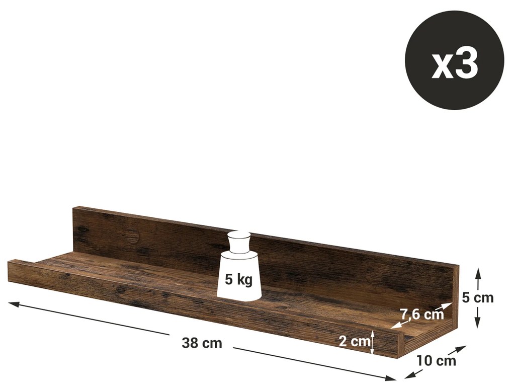 Sada 3 nástěnných políc Vasagle Kamelia 38 cm hnedá