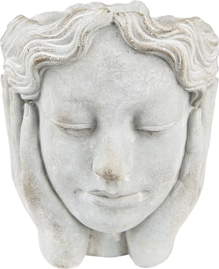 Sivý cementový kvetináč hlava dievčatá v dlaniach M - 18*18*20 cm