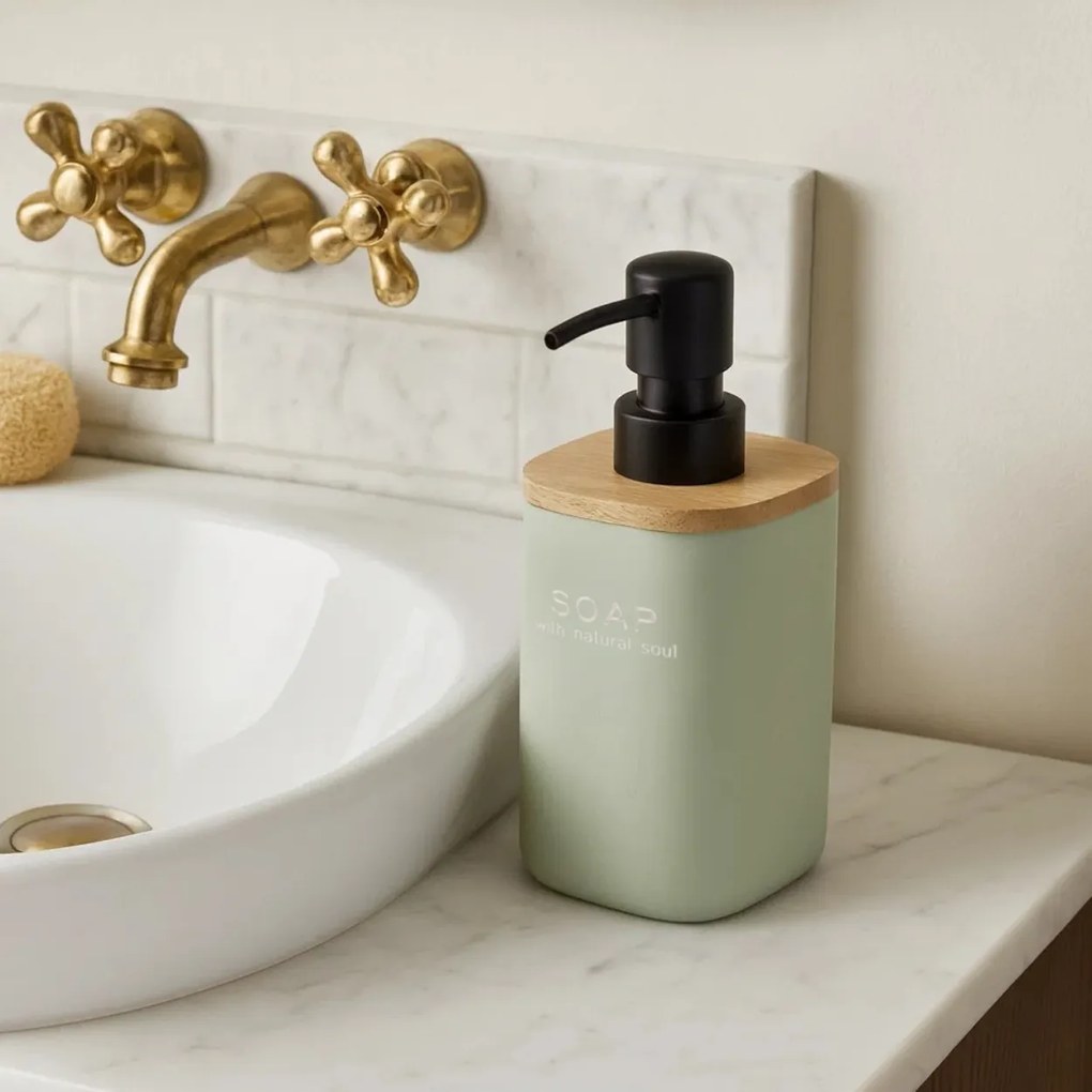 Dávkovač mydla Liso, mätová/s drevenými a čiernymi prvkami