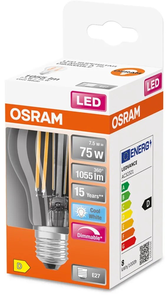 LED žiarovka E27 A60 7,5W = 75W 1055lm 4000K Neutrálne 300° Stmievateľné vlákno OSRAM SUPERSTAR