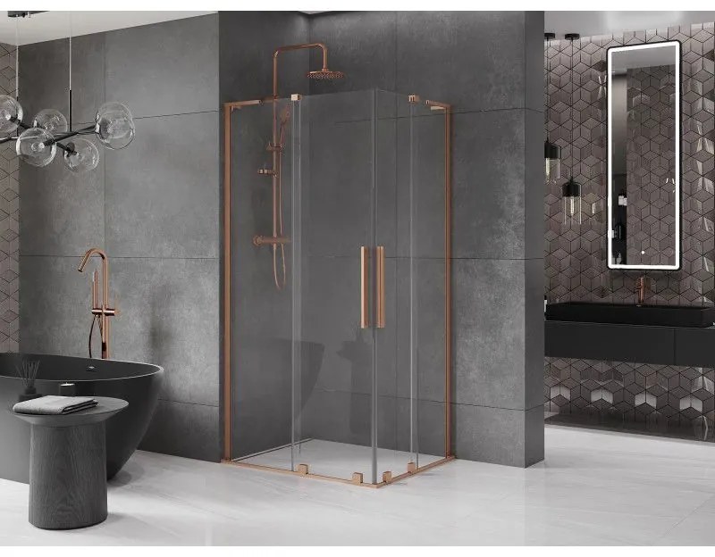 Mexen Velar L Duo, sprchový kút s posuvnými dverami 90 x 80 cm, 8mm číre sklo, medená matná, 871-090-080-02-03-65