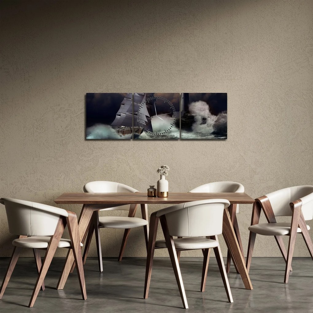 Obraz - Loď plávajúca cez búrlivé vlny (s hodinami) (90x30 cm)