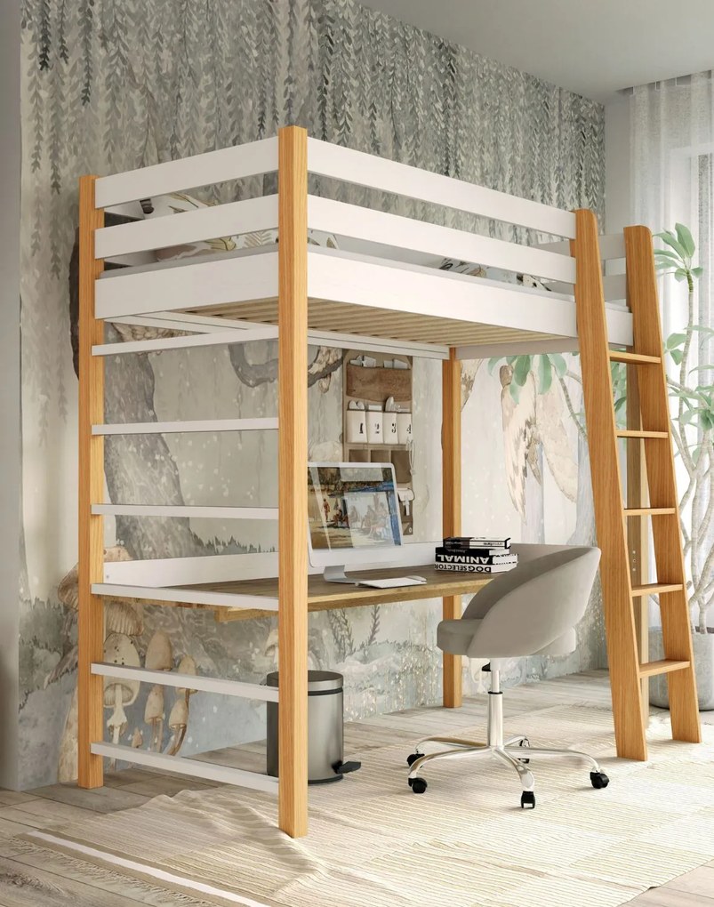Poschodová posteľ s písacím stolom NIKO biela drevená