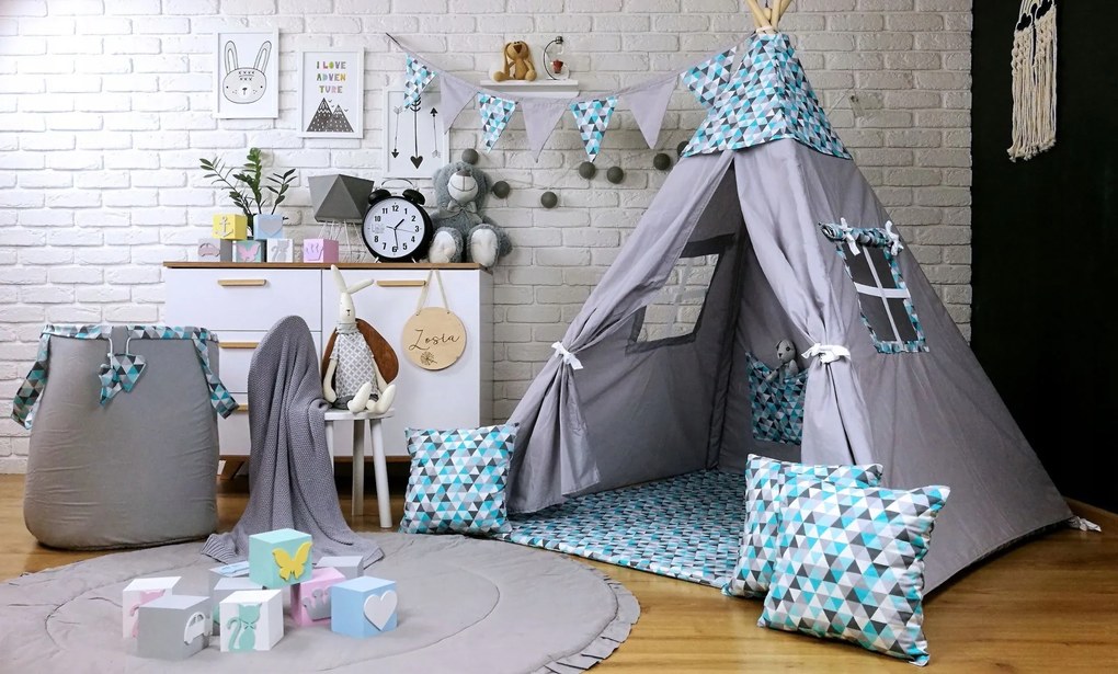 Detský kôš na hračky TROJUHOLNÍČKY - sivý / tyrkysový