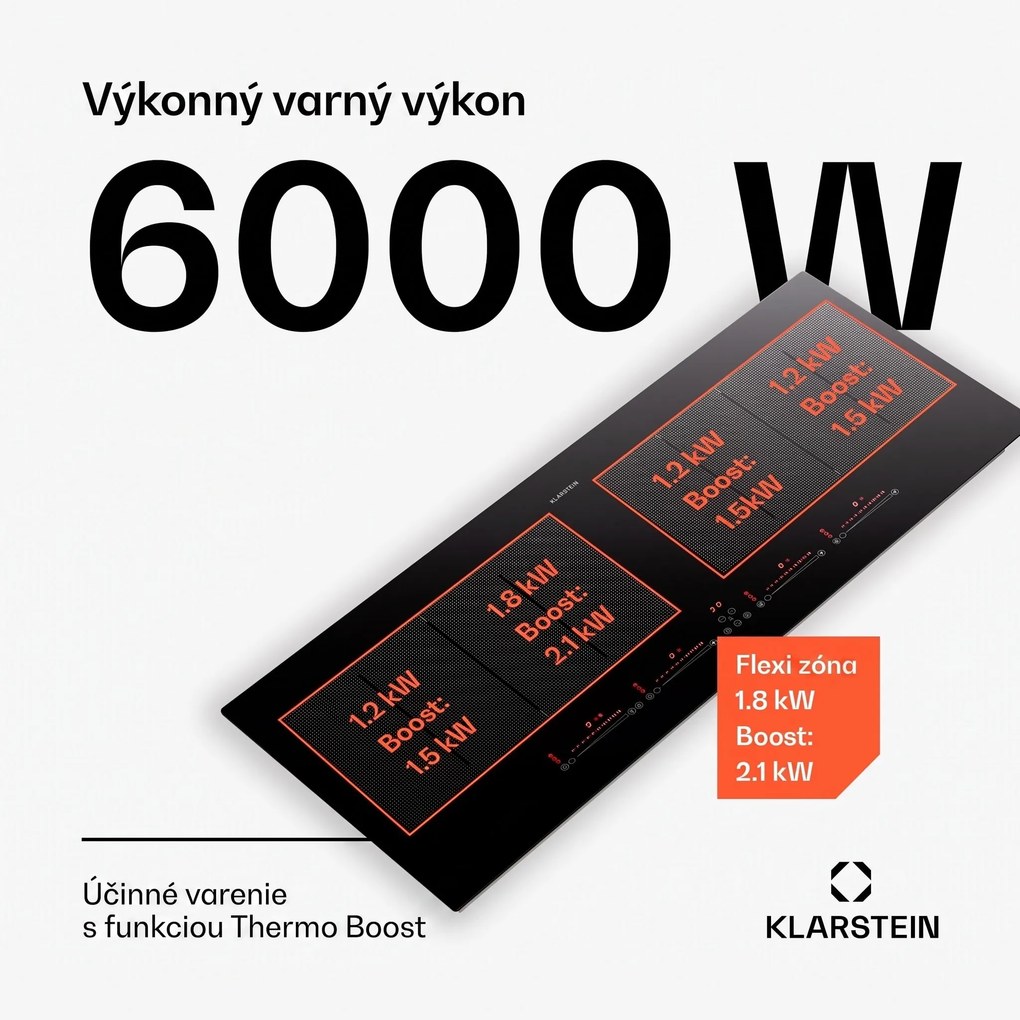 Klarstein Masterzone 90 Slim Flex, indukčná varná doska, max. 7200 W, vstavaná, 4 zóny, 2 Flex zóny, technológia ThermoBoost, Smart Flex