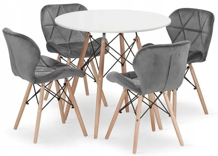 Jedálenská zostava TODI 80cm okrúhly stolový set biely + 4 stoličky LAGO sivé