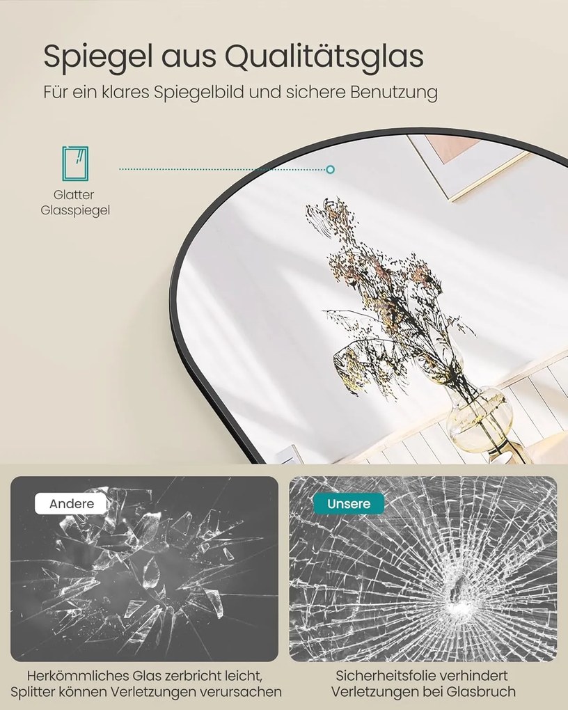 Zrkadlo v plnej dĺžke, zaoblené stojace zrkadlo, 160 x 50 cm, čierny rám