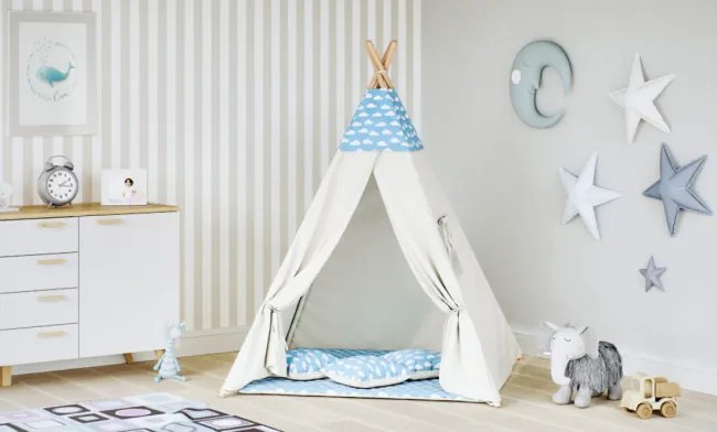 Detský stan Tipi obláčiky modrý / béžový