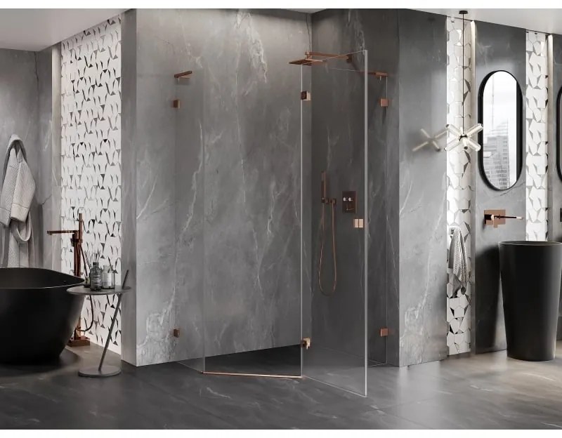 Mexen Lunar, L pravý výklopný päťuholníkový sprchový kút 100 x 80 cm, 8mm číre sklo, profil ružové zlato, 831L-100P-080L-60-00-P