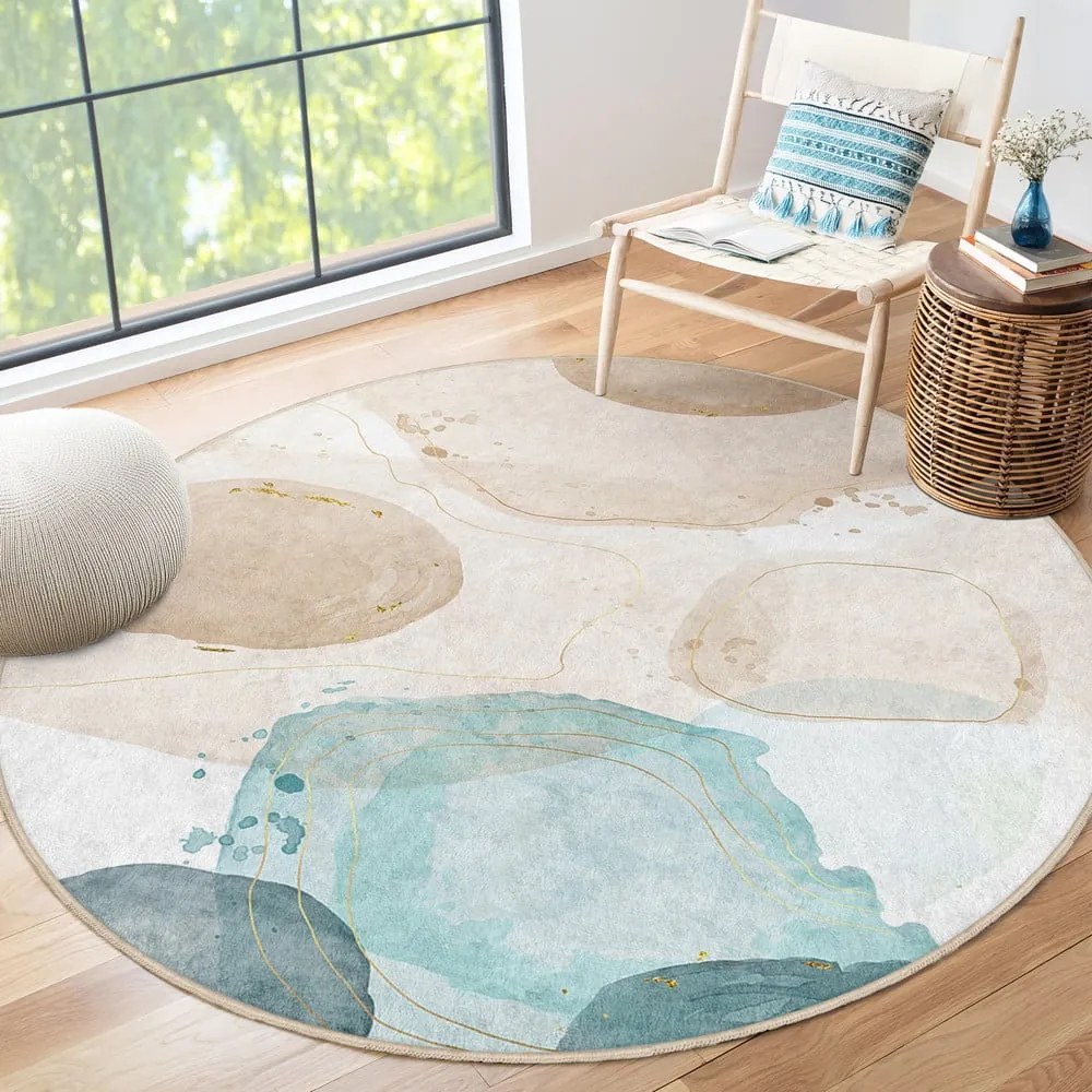 Modro-béžový prateľný okrúhly koberec ø 150 cm Puddle – Mila Home
