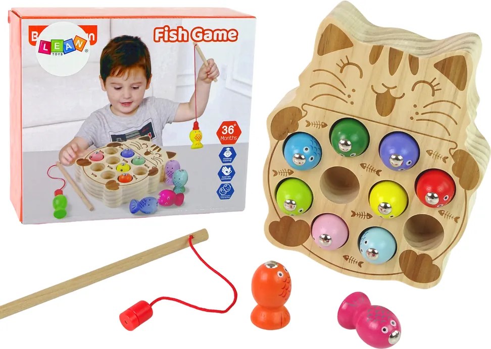 LEAN Toys Drevená hra na zručnosť chytanie rybičiek 2 prúty mačiatko