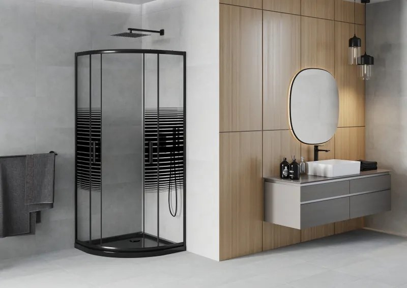 Mexen Rio, štvrťkruhový sprchovací kút s posuvnými dverami 80(dvere) x 80(dvere) x 190 cm, 6mm číre sklo s pásikmi, čierny profil + čierna sprchová vanička SLIM, 863-080-080-70-20-4170B