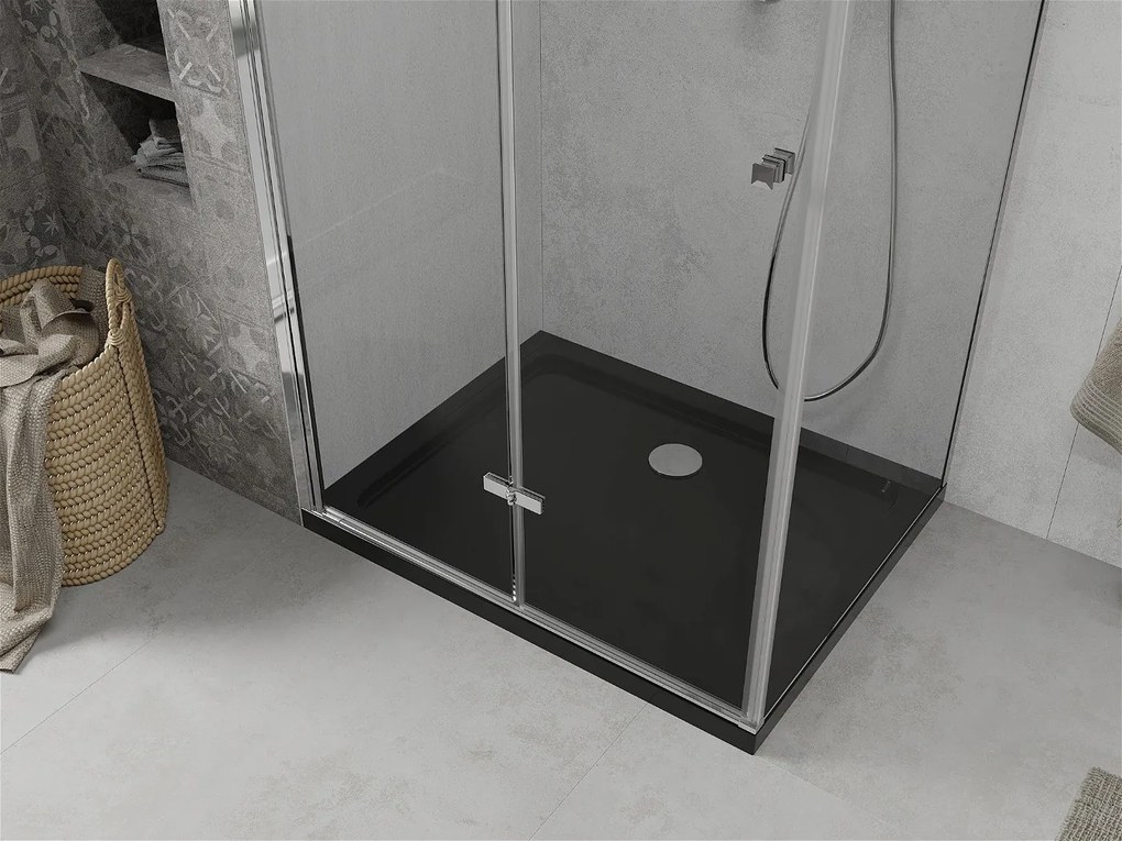 Mexen Lima, sprchový kút so skladacími dverami 90 (dvere) x 120 (stena) cm, 6mm číre sklo, chrómový profil + slim sprchová vanička čierna + chrómový sifón, 856-080-120-01-00-4070