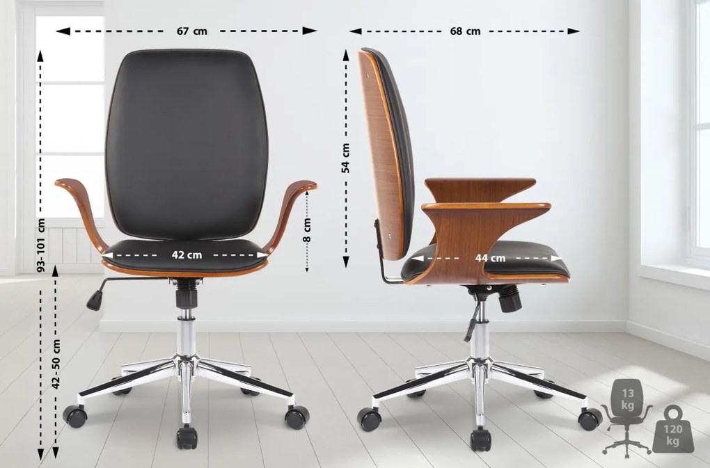 Kancelárska stolička Burbank - koženka, drevo orech - Čierna