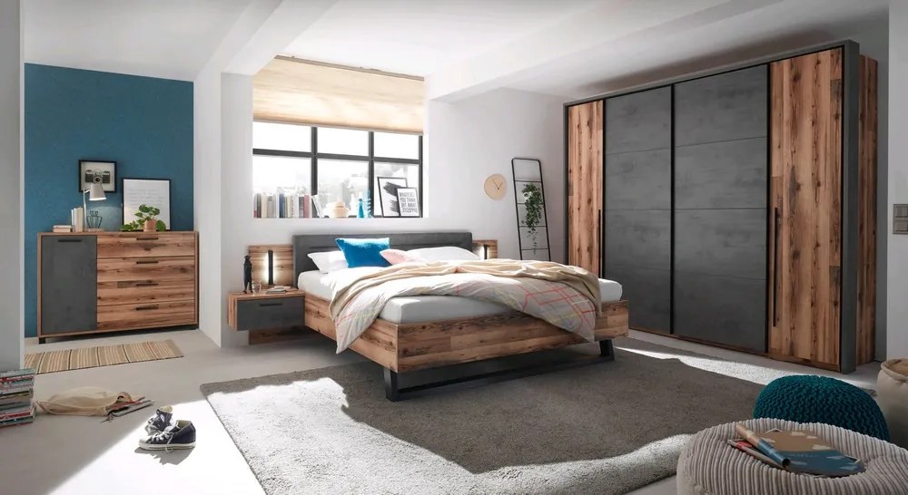 Posteľ s nočnými stolíkmi Sarnia 180x200 cm, zrubová doska/tmavý betón