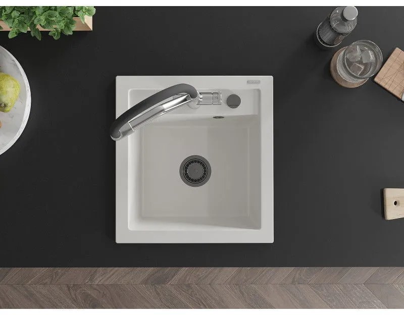 Mexen Vito, 1-komorový granitový drez 520x490x210 mm, drezová batéria Duo, biela, 6503-20-671701-07-B