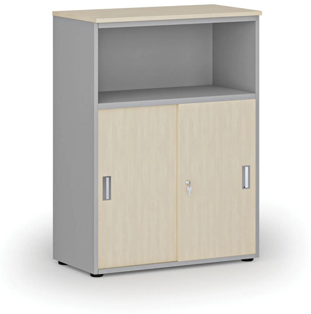 Kombinovaná kancelárska skriňa so zásuvnými dverami PRIMO GRAY, 1087 x 800 x 420 mm, sivá/breza