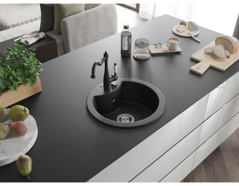 Mexen Diego, granitový drez 488x488x167 mm, 1-komorový a drezová batéria Carla, čierna-strieborná metalíza, 6512-73-670700-70
