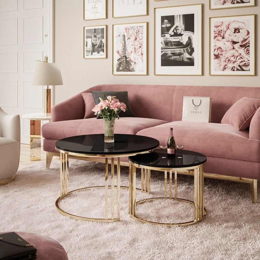 OKRÚHLY KONFERENČNÝ STOLÍK 2v1 LEONARDO 2 GLOSS CHROME ČIERNY LESK + ZLATÝ