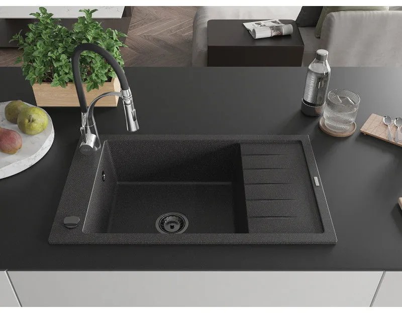Mexen Elias, 1-komorový granitový drez 795x480x200 mm a drezová batéria Aster, čierna škvrnitá, 6511-76-73450-07-B