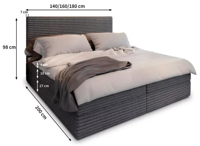 Čalúnená posteľ boxspring ISPIRA 140x200 cm sivá Matrac: Matrac Bonell pružinový