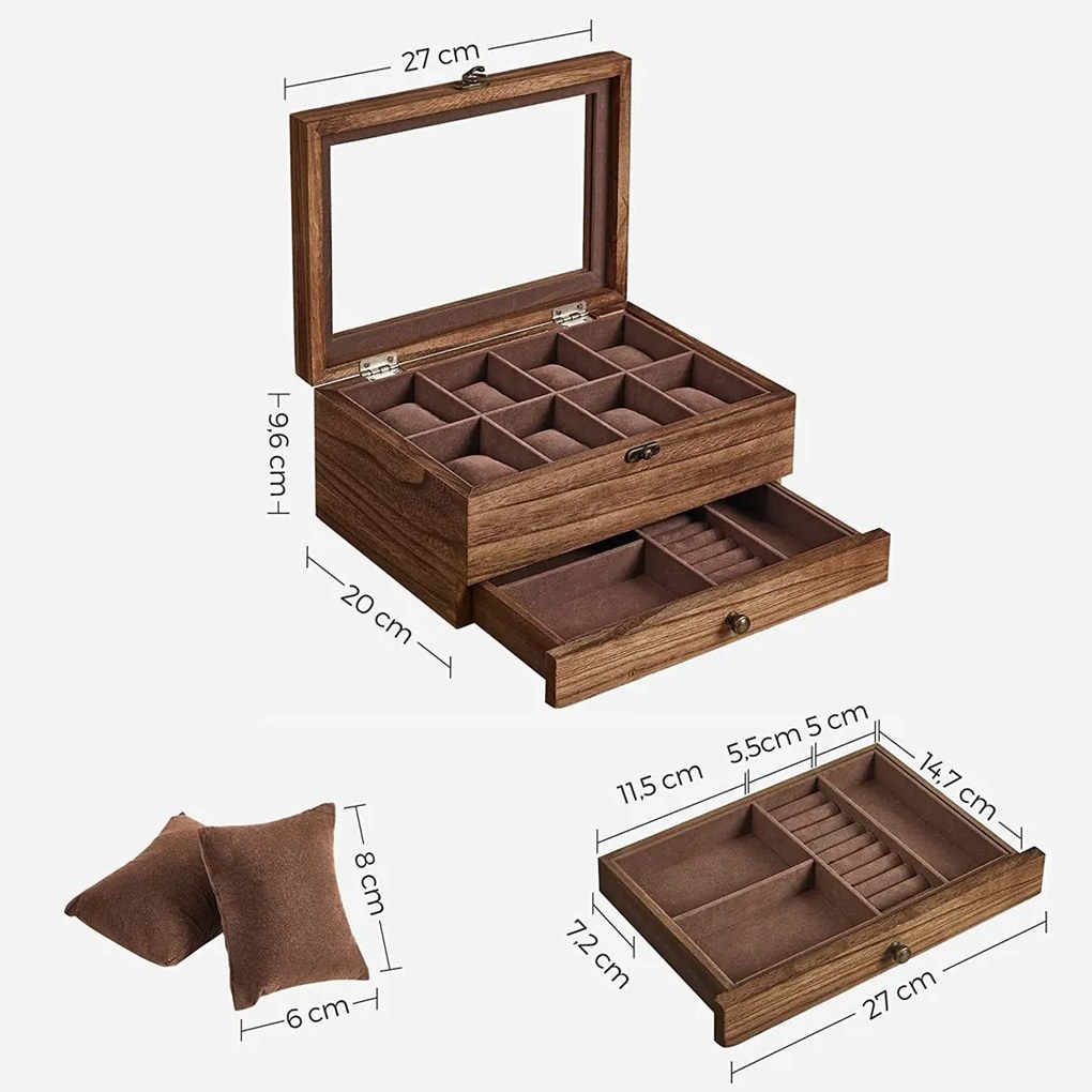Songmics Box na hodinky Livia, 27x13x20 cm, hnedá