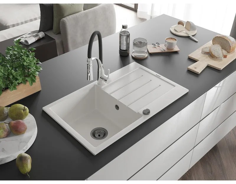 Mexen Bruno, 1-komorový granitový drez 795x495x200 mm a drezová batéria Aster, biela, 6513-20-73450-07-B