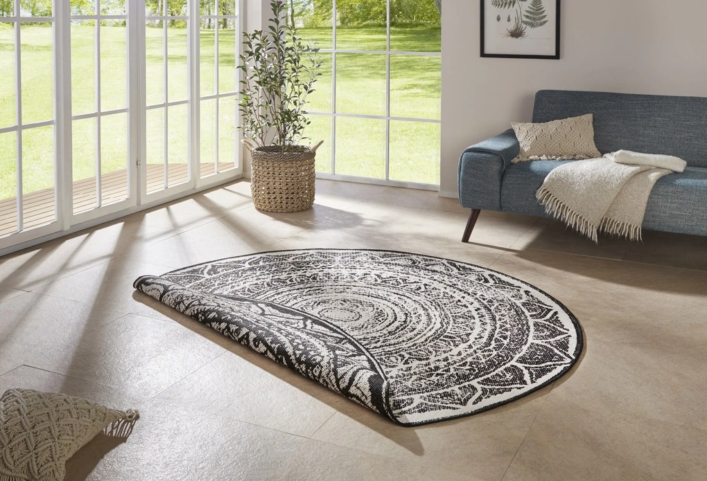 NORTHRUGS - Hanse Home koberce Kusový koberec Twin Supreme 104165 Siruma Black/Cream – na von aj na doma - 140x140 (priemer) kruh cm