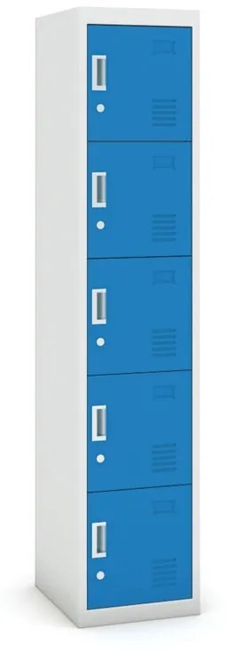 Šatníková skrinka s úložnými boxami, 5 boxov, 1800 x 380 x 450 mm, cylindrický zámok, sivá/modrá