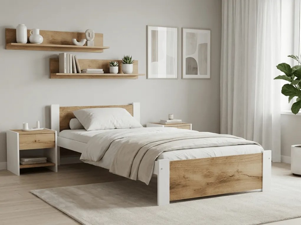Posteľ IKAROS 90 x 200 cm, dub artisan/biela Rošt: S lamelovým roštom, Matrac: Matrac DELUXE 10 cm