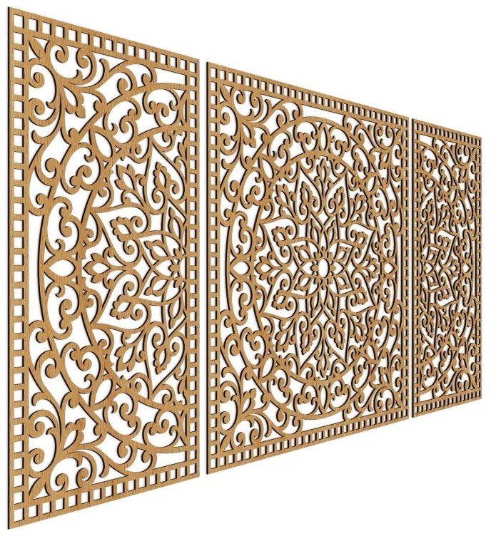 Drevená nástenná dekorácia trojdielna mandala do interiéru | SENTOP HDF0514-B