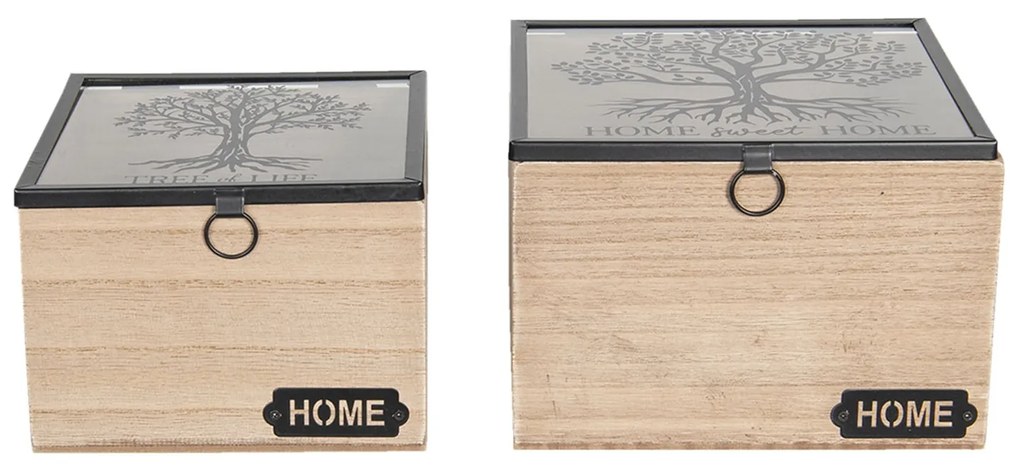 Svetlo hnedé drevené škatuľky s priehľadným vekom a stromom (2 ks) - 18 * 18 * 12/15 * 15 * 11 cm