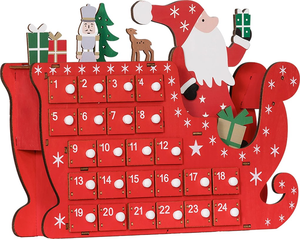 HOMCOM Naplniteľný Adventný Kalendár 24 Zásuviek Vianočný Kalendár Box Dekorácia DIY MDF Červená 22,5 x 8 x 36 cm | Aosom