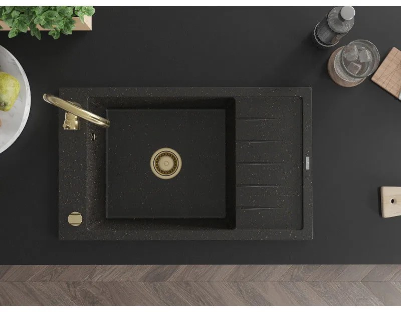 Mexen Elias, 1-komorový granitový drez s odkvapkávačom 80x48 cm a kuchynskou batériou Telma, čierna-zlatá, 6511-75-670200-50