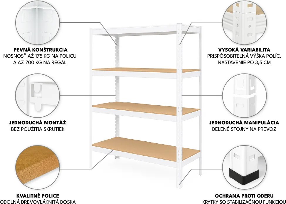 Regál 160x80x40 cm lakovaný 4-policový, nosnosť 700 kg - biely