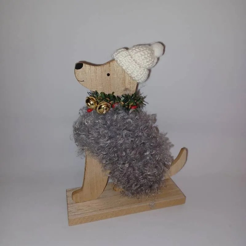 DECOLED Dekorácia, drevený pes, 14,5 x 18,5 cm, sivá