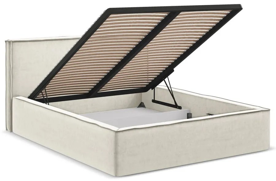 Krémovobiela čalúnená dvojlôžková posteľ s úložným priestorom s roštom 160x200 cm Anani – Makamii