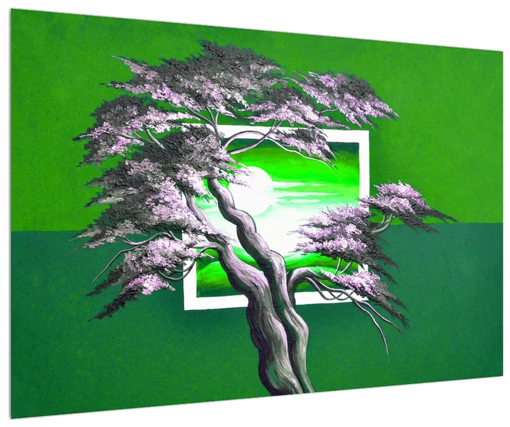 Zelený obraz stromu a východu slnka (90x60 cm)