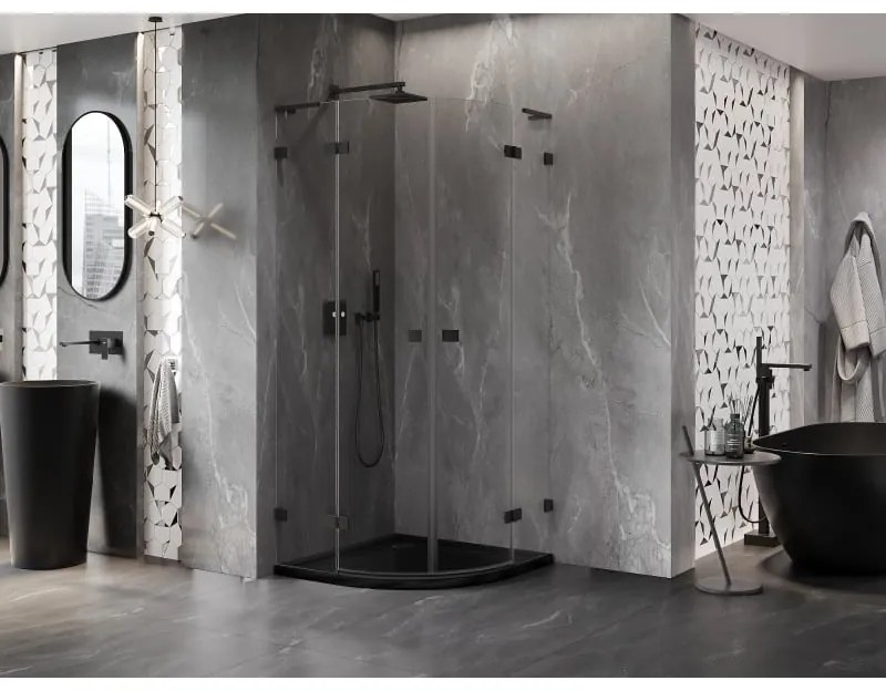 Mexen Lunar, L polkruhový výklopný sprchový kút 90 x 90 cm, 8mm číre sklo, čierny profil, 833L-090L-090P-70-00