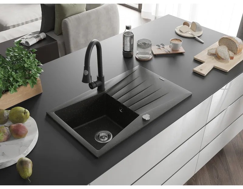 Mexen Cesar, 1-komorový granitový drez 775x470x190 mm a drezová batéria Elia, čierna-zlatá metalíza, 6514-75-670101-70