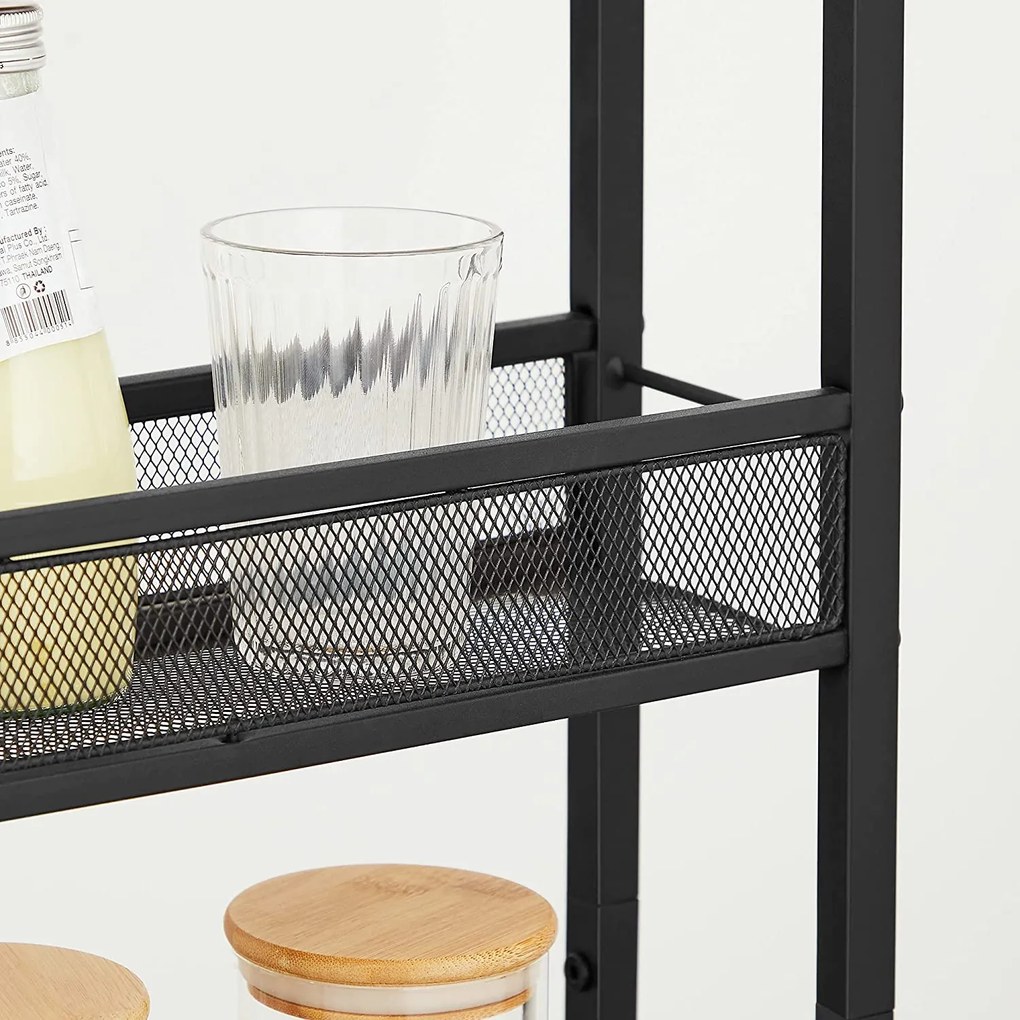 Servírovací vozík, úzka polička na kolieskach, kovový rám, rustikálny hnedý