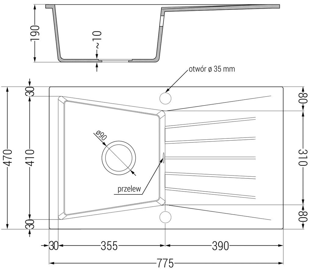 Mexen Cesar, 1-komorový granitový drez 775x470x190 mm a drezová batéria Aster, čierna-strieborná metalíza, 6514-73-73450-57-G