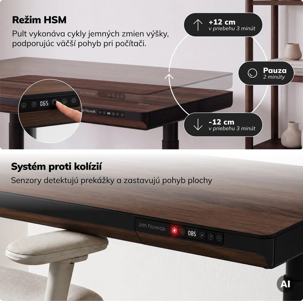 Elektrický písací stôl sit-stand so zásuvkou a bezdrôtovou nabíjačkou Qi čierny/orech, 1200 mm: ELLIS