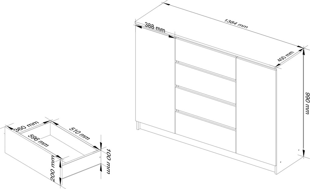 Komoda Rollo Z 140 cm grafit lesk/bílá