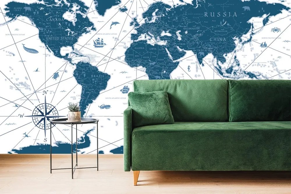 Samolepiaca tapeta mapa sveta s historickým nádychom v modrom prevedení